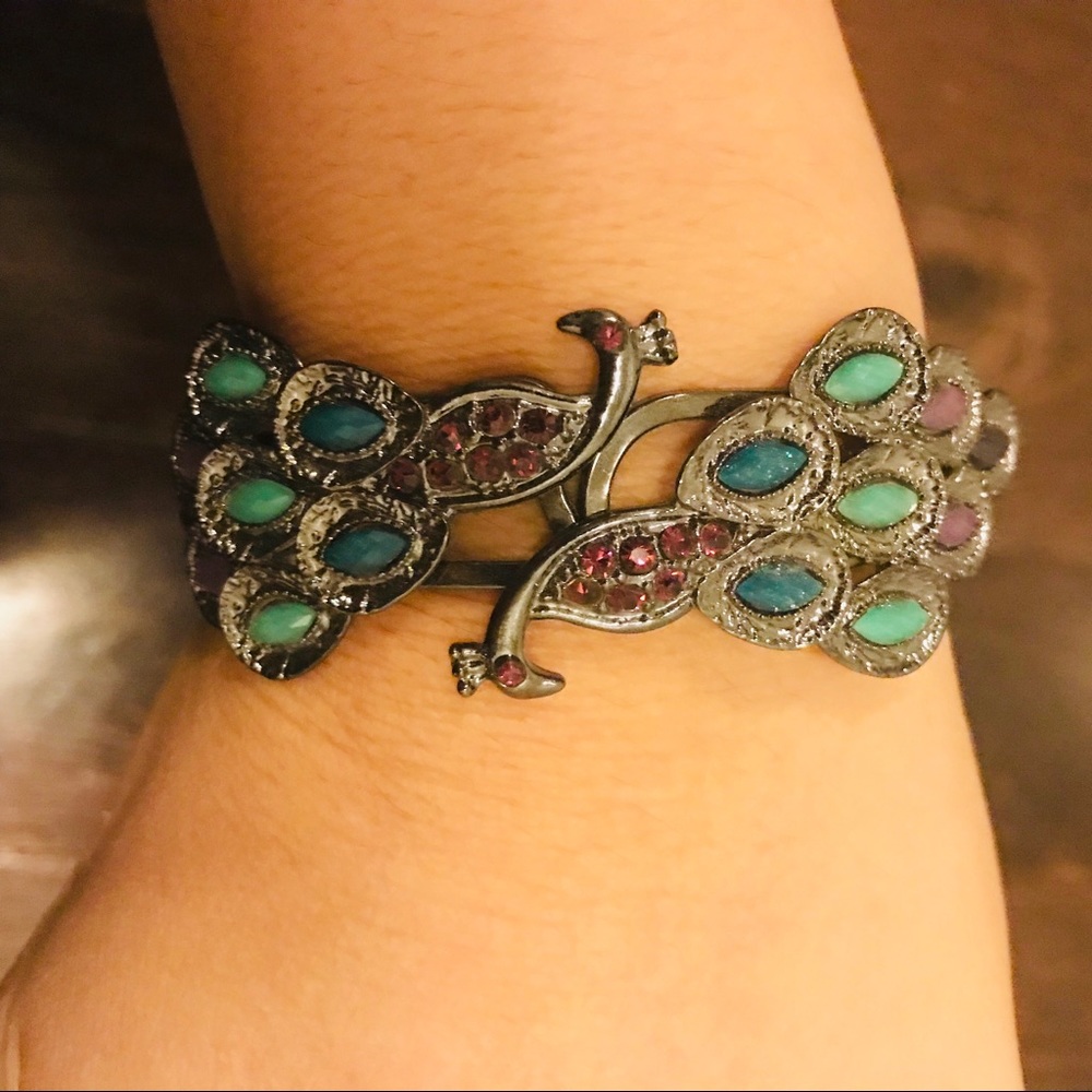 Silver peacock hinge cuff bracelet worn 1x